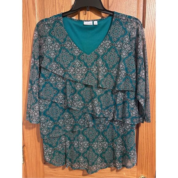 Kim Rogers Tops - Kim Rogers Curvy Size 1X Teal Tiered Sheer Ruffles & Sleeves Lined V-Neck Blouse